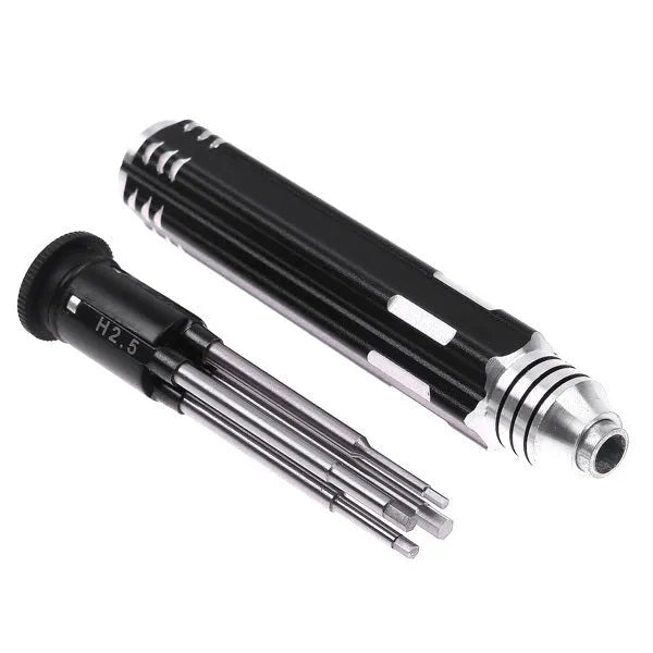 Black four-in-one hexagon socket screwdriver set for aeromodelling with four bits and an aluminium handle.