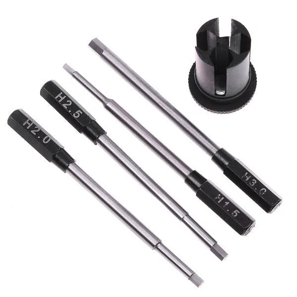 Black four-in-one hexagon socket screwdriver set for aeromodelling with four bits and an aluminium handle.