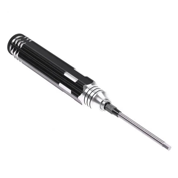 Black four-in-one hexagon socket screwdriver set for aeromodelling with four bits and an aluminium handle.