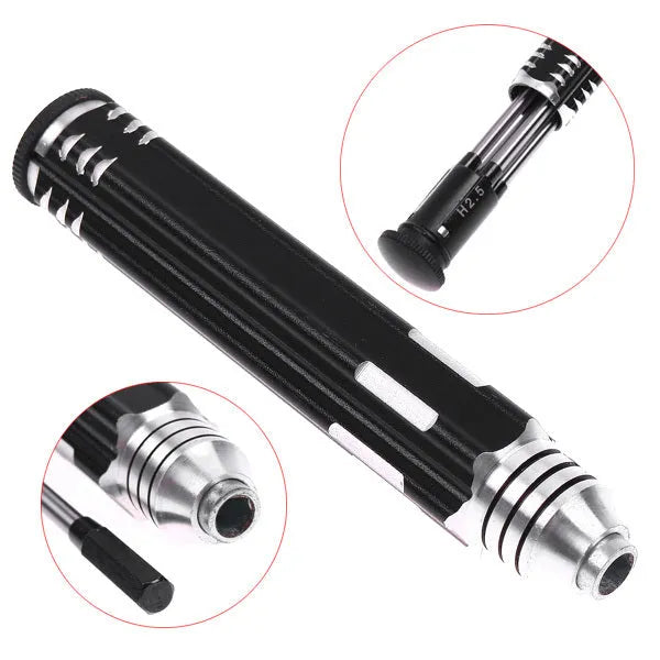 Black four-in-one hexagon socket screwdriver set for aeromodelling with four bits and an aluminium handle.