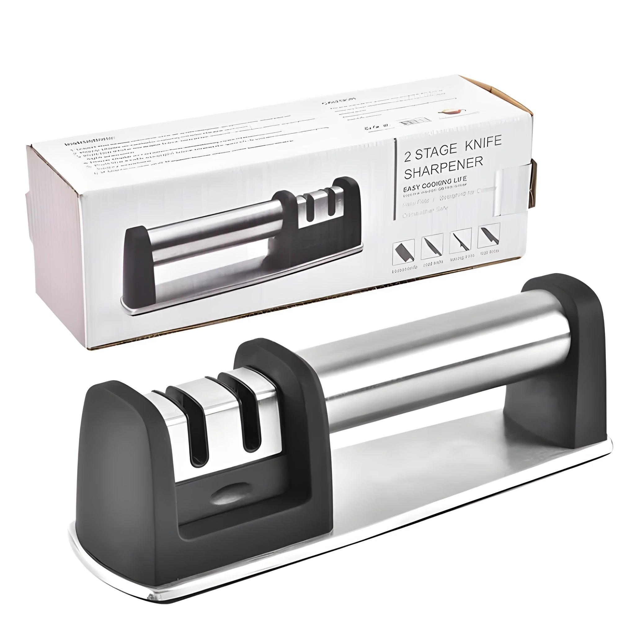 Black multi-purpose kitchen sharpener with stainless steel holes for knives, scissors, and screwdrivers on a non-slip ABS plastic body.