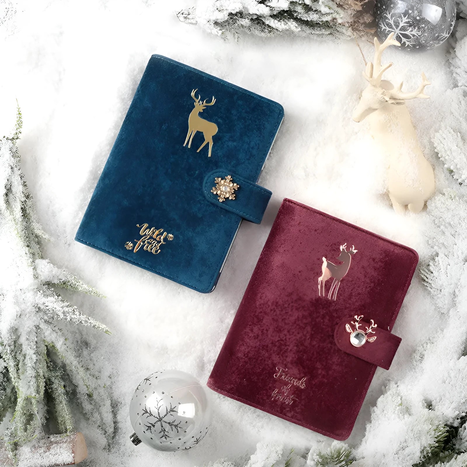 A6 size loose-leaf notebook with soft velvet cover in blue, red, and mermaid colours, showing binder rings and optional deer head pen.