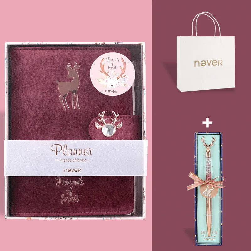 A6 size loose-leaf notebook with soft velvet cover in blue, red, and mermaid colours, showing binder rings and optional deer head pen.