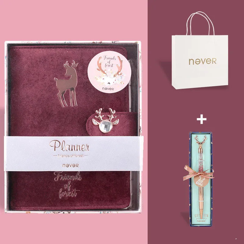 A6 size loose-leaf notebook with soft velvet cover in blue, red, and mermaid colours, showing binder rings and optional deer head pen.