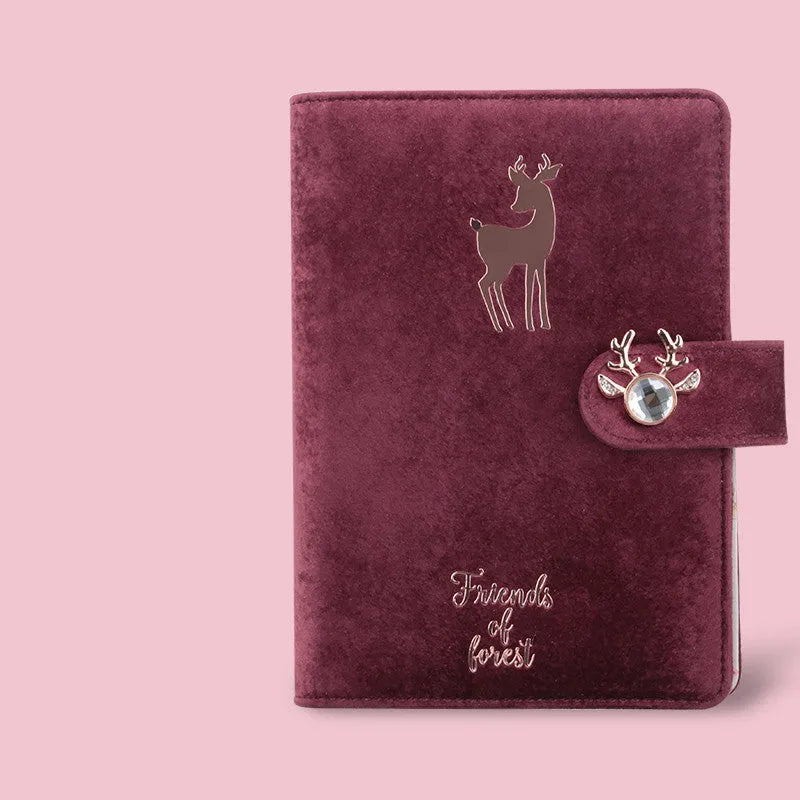 A6 size loose-leaf notebook with soft velvet cover in blue, red, and mermaid colours, showing binder rings and optional deer head pen.