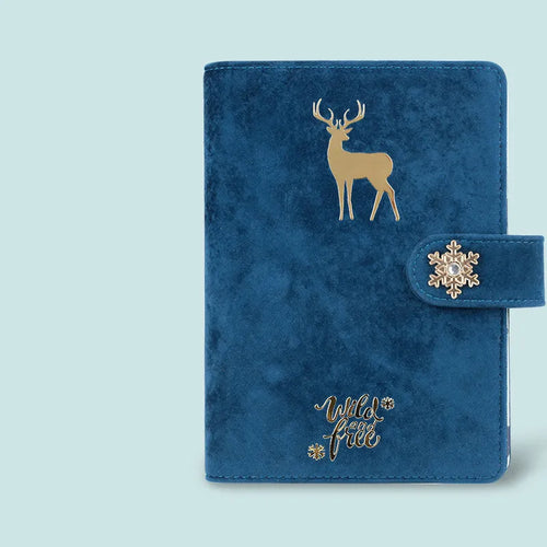 A6 size loose-leaf notebook with soft velvet cover in blue, red, and mermaid colours, showing binder rings and optional deer head pen.