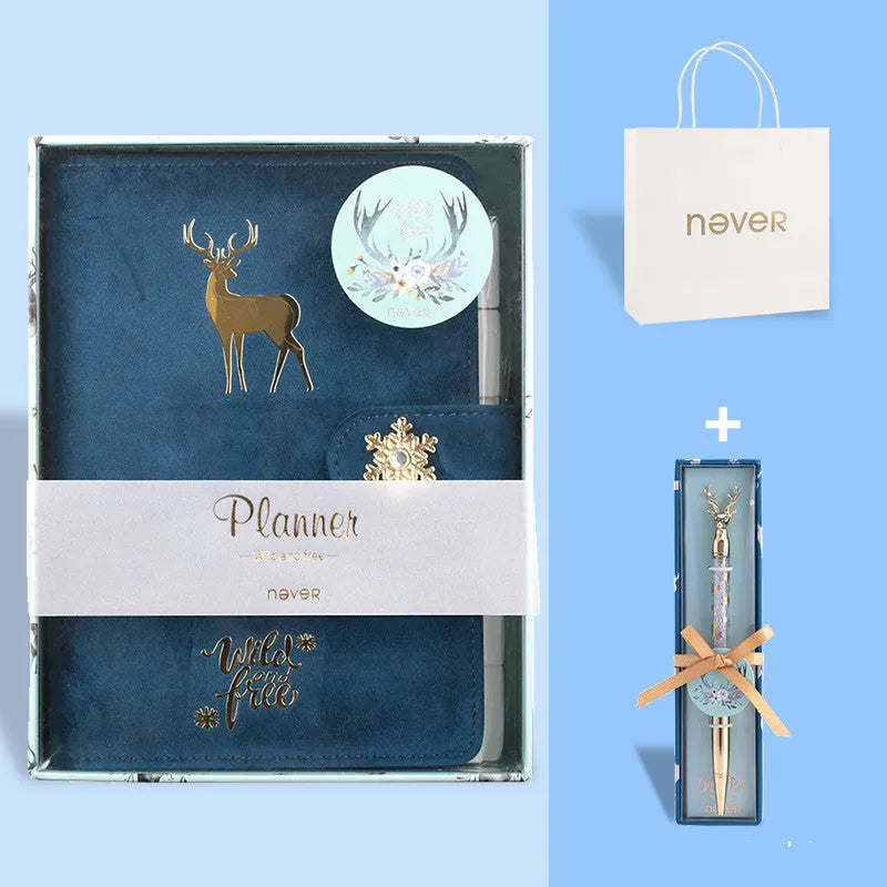 A6 size loose-leaf notebook with soft velvet cover in blue, red, and mermaid colours, showing binder rings and optional deer head pen.