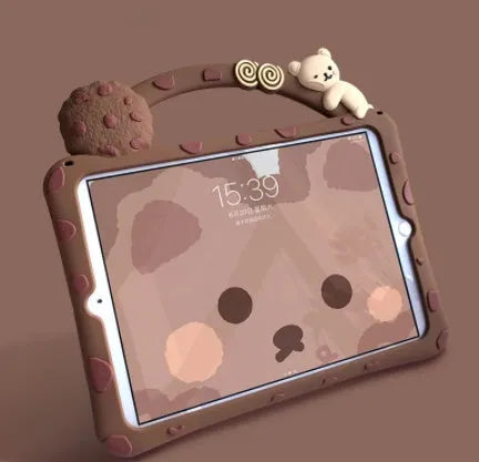 Brown cartoon-design silicone case for iPad with integrated folding stand in portrait and landscape viewing angles.