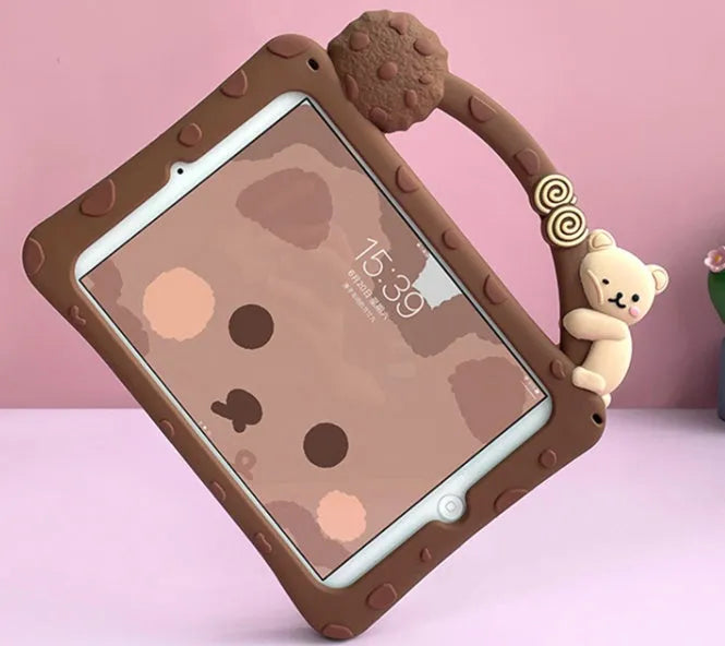 Brown cartoon-design silicone case for iPad with integrated folding stand in portrait and landscape viewing angles.