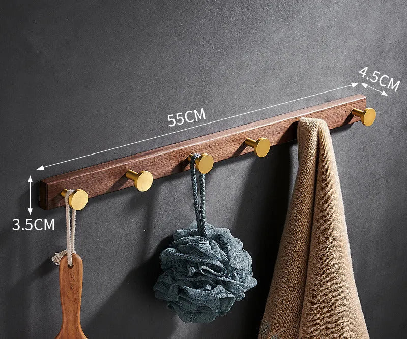 Black walnut aluminium bathroom hooks with brass wire drawing treatment in 3, 4, 5, or 6 hook configurations