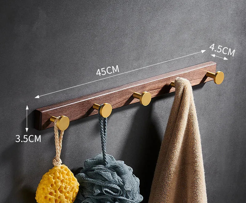 Black walnut aluminium bathroom hooks with brass wire drawing treatment in 3, 4, 5, or 6 hook configurations