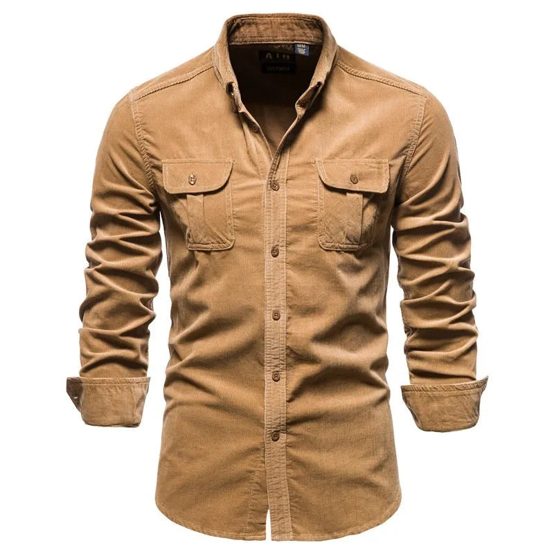 Men's long sleeve linen shirt shown in denim blue, available in multiple colours and sizes.