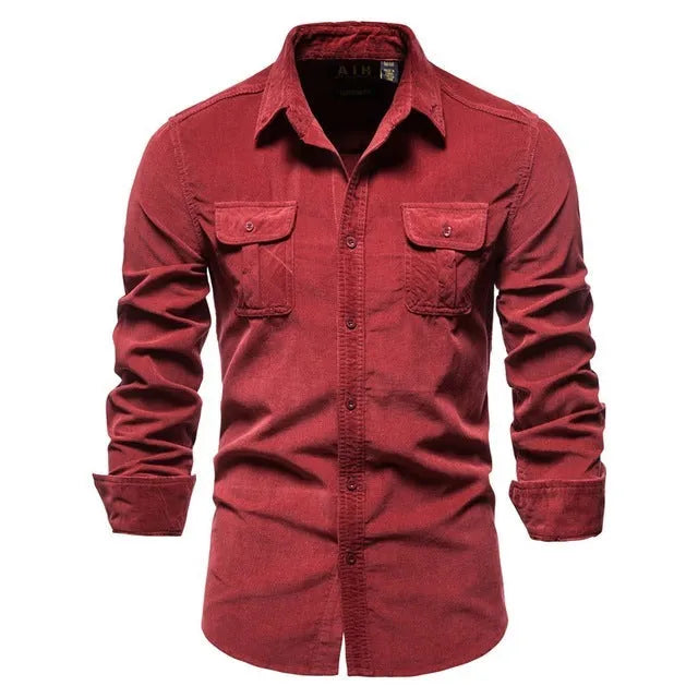Men's long sleeve linen shirt shown in denim blue, available in multiple colours and sizes.