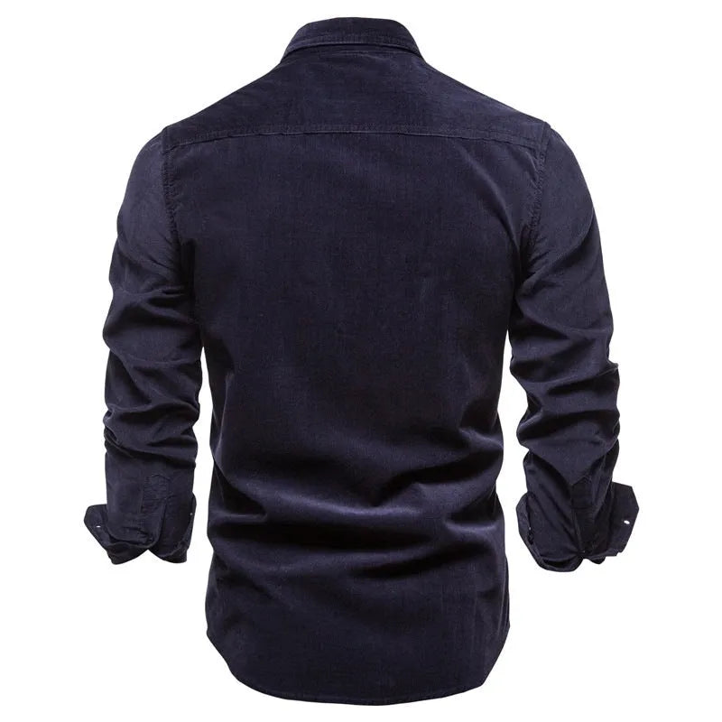 Men's long sleeve linen shirt shown in denim blue, available in multiple colours and sizes.