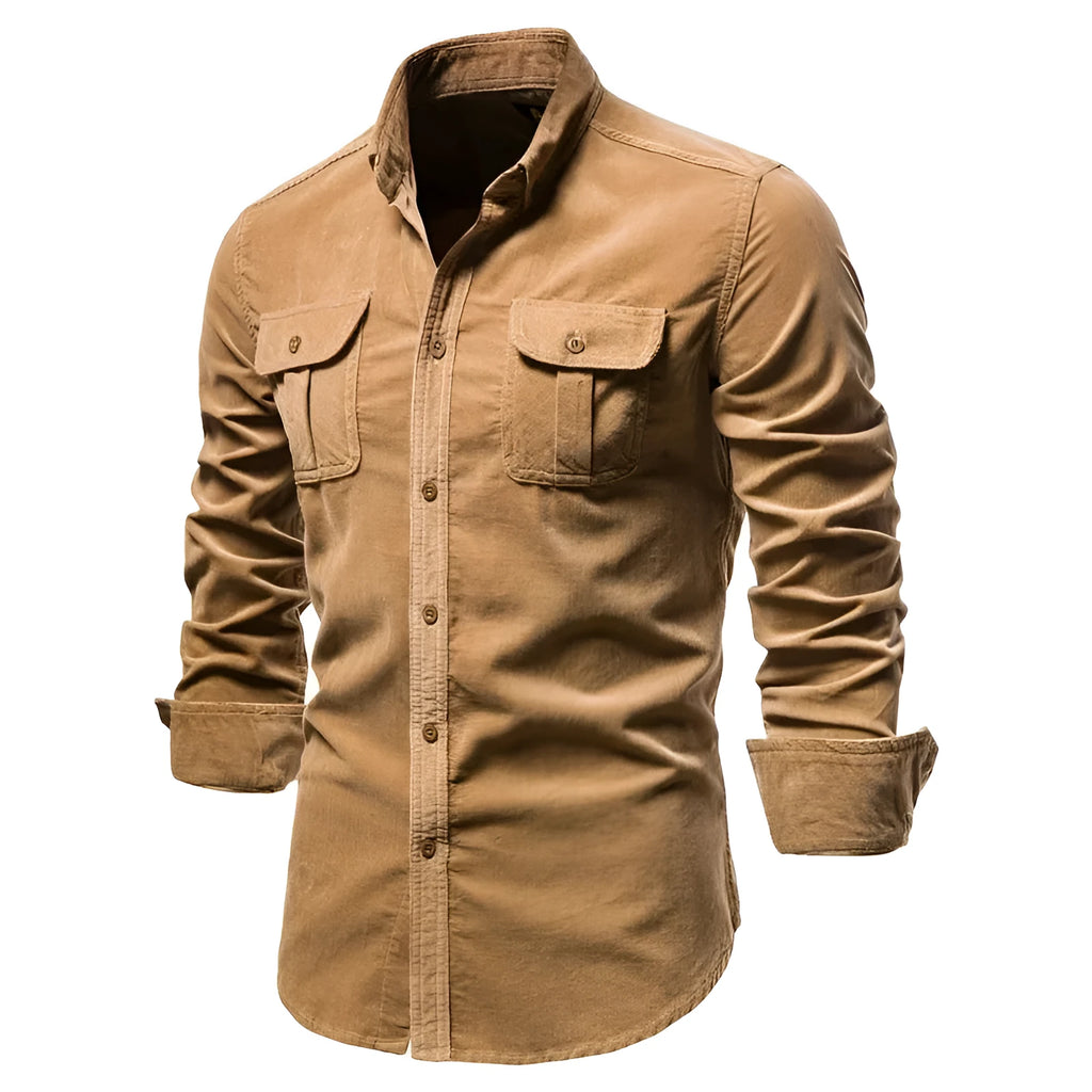 Men's long sleeve linen shirt shown in denim blue, available in multiple colours and sizes.