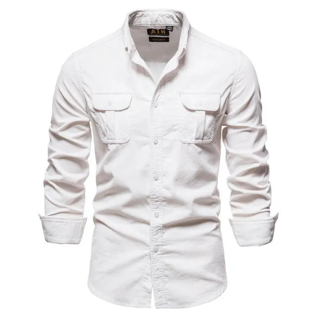 Men's long sleeve linen shirt shown in denim blue, available in multiple colours and sizes.