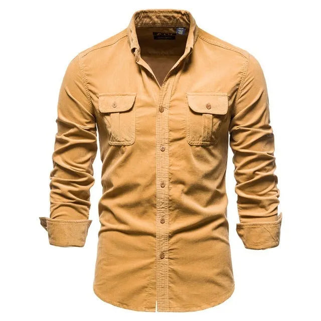 Men's long sleeve linen shirt shown in denim blue, available in multiple colours and sizes.