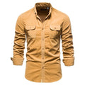 Men's long sleeve linen shirt shown in denim blue, available in multiple colours and sizes.