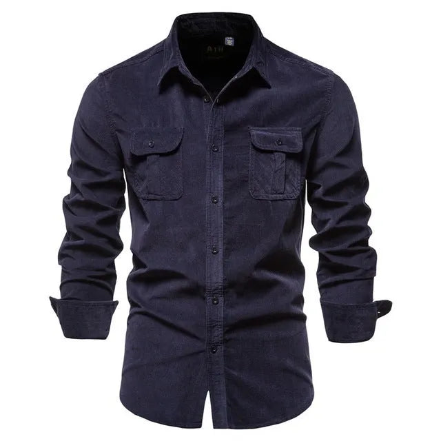 Men's long sleeve linen shirt shown in denim blue, available in multiple colours and sizes.