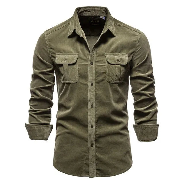 Men's long sleeve linen shirt shown in denim blue, available in multiple colours and sizes.