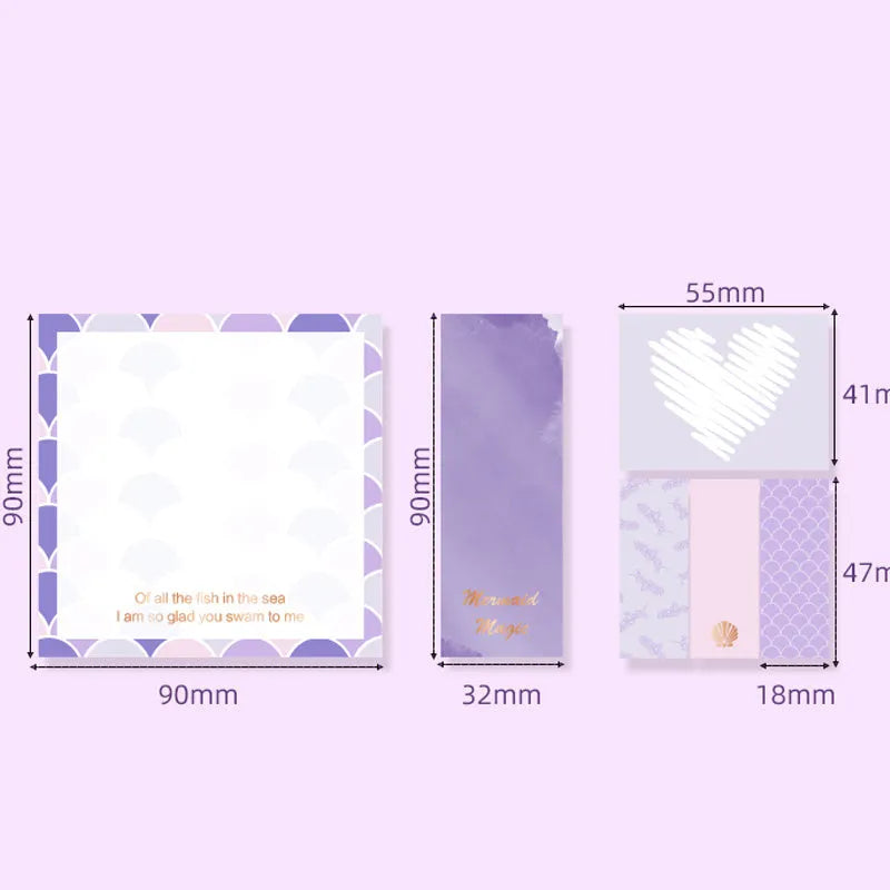Set of six colourful self-adhesive memo pads with mermaid, leopard, and splashed ink designs.