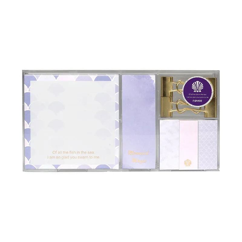 Set of six colourful self-adhesive memo pads with mermaid, leopard, and splashed ink designs.