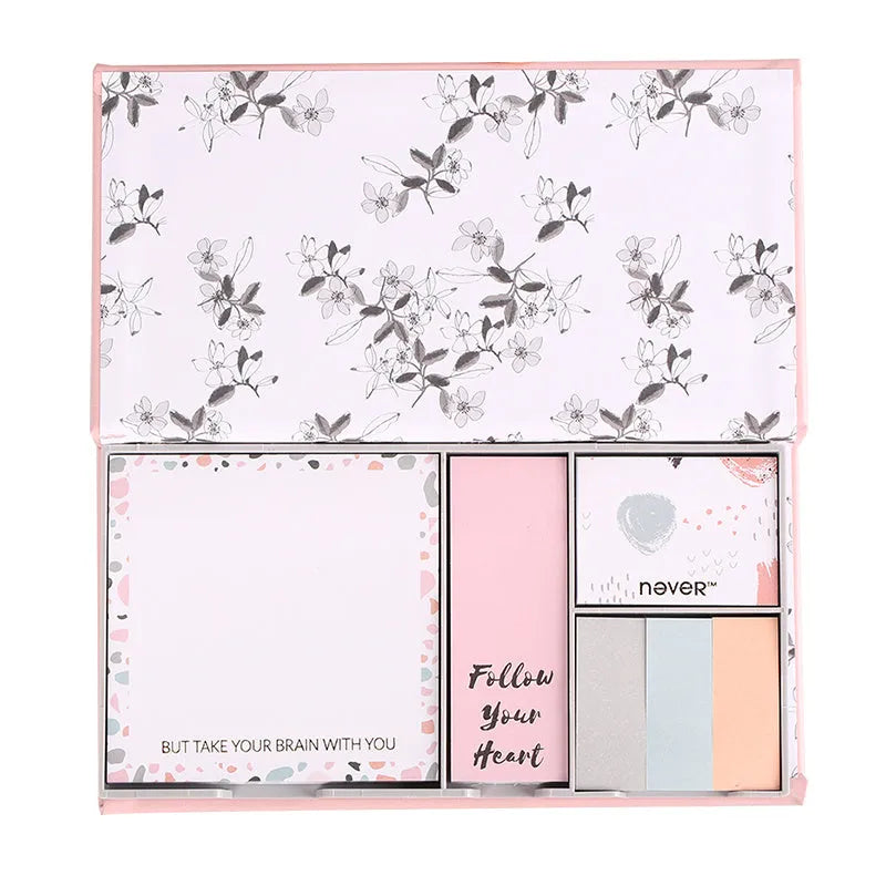 Set of six colourful self-adhesive memo pads with mermaid, leopard, and splashed ink designs.