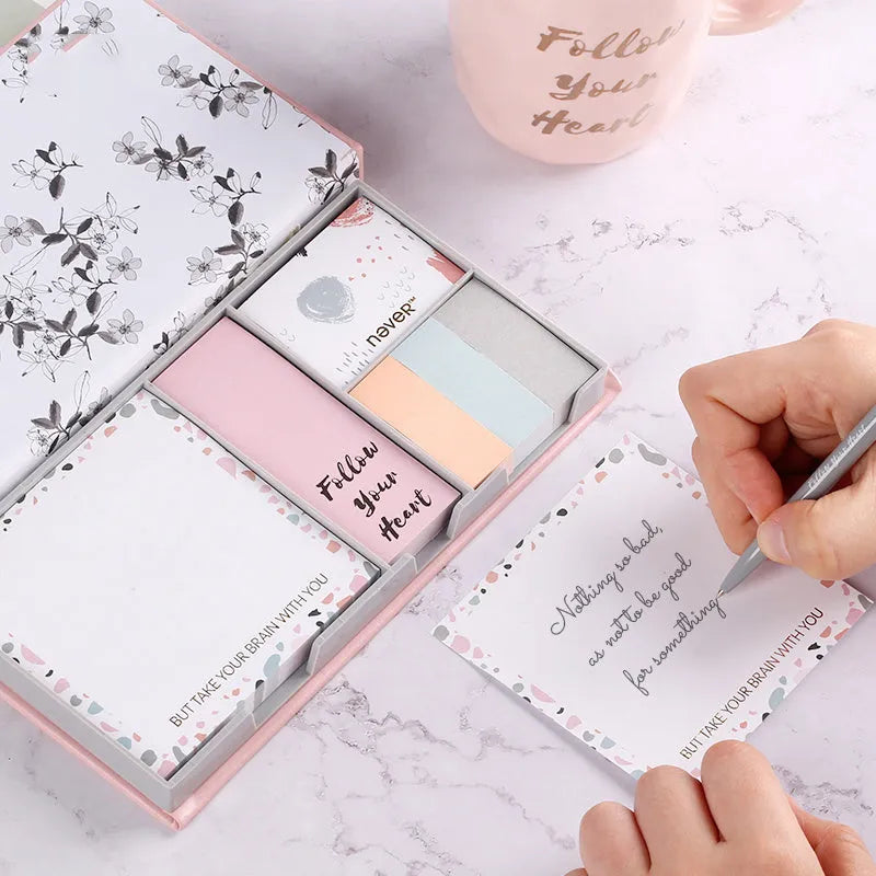 Set of six colourful self-adhesive memo pads with mermaid, leopard, and splashed ink designs.