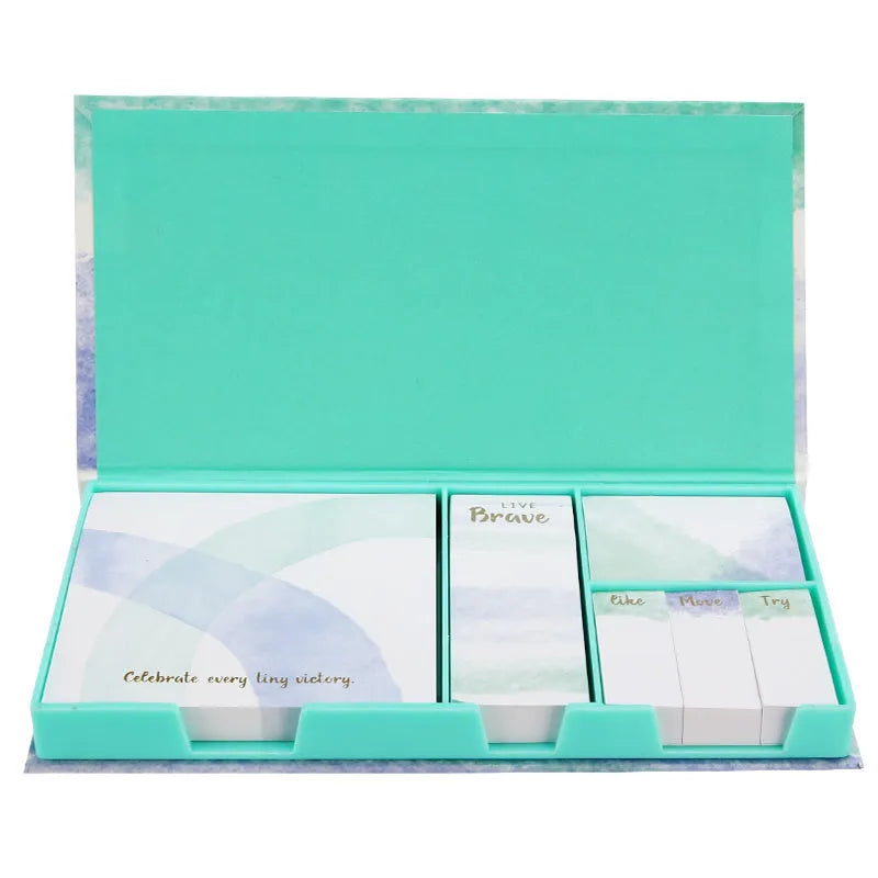 Set of six colourful self-adhesive memo pads with mermaid, leopard, and splashed ink designs.