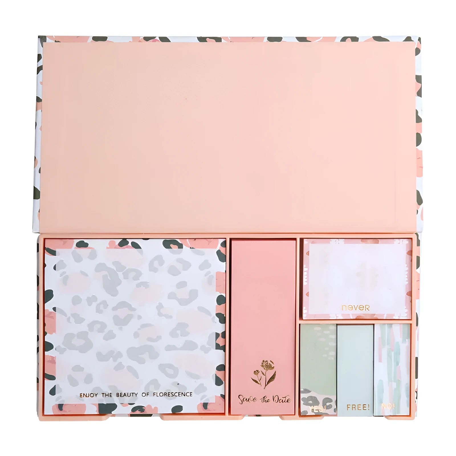 Set of six colourful self-adhesive memo pads with mermaid, leopard, and splashed ink designs.