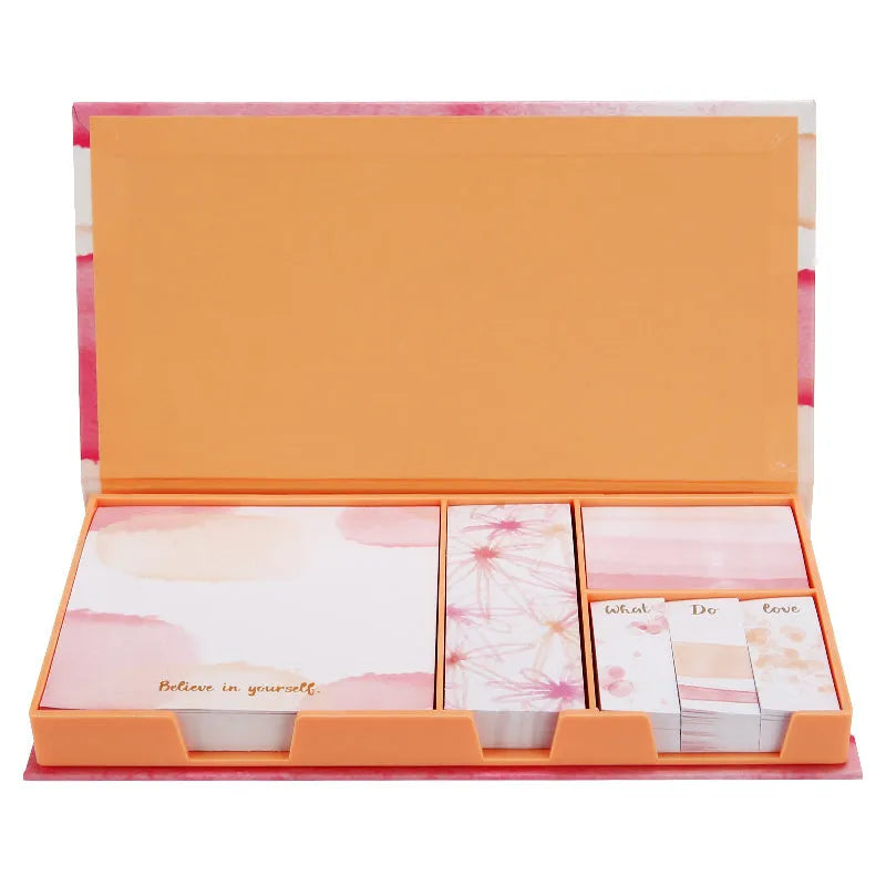 Set of six colourful self-adhesive memo pads with mermaid, leopard, and splashed ink designs.