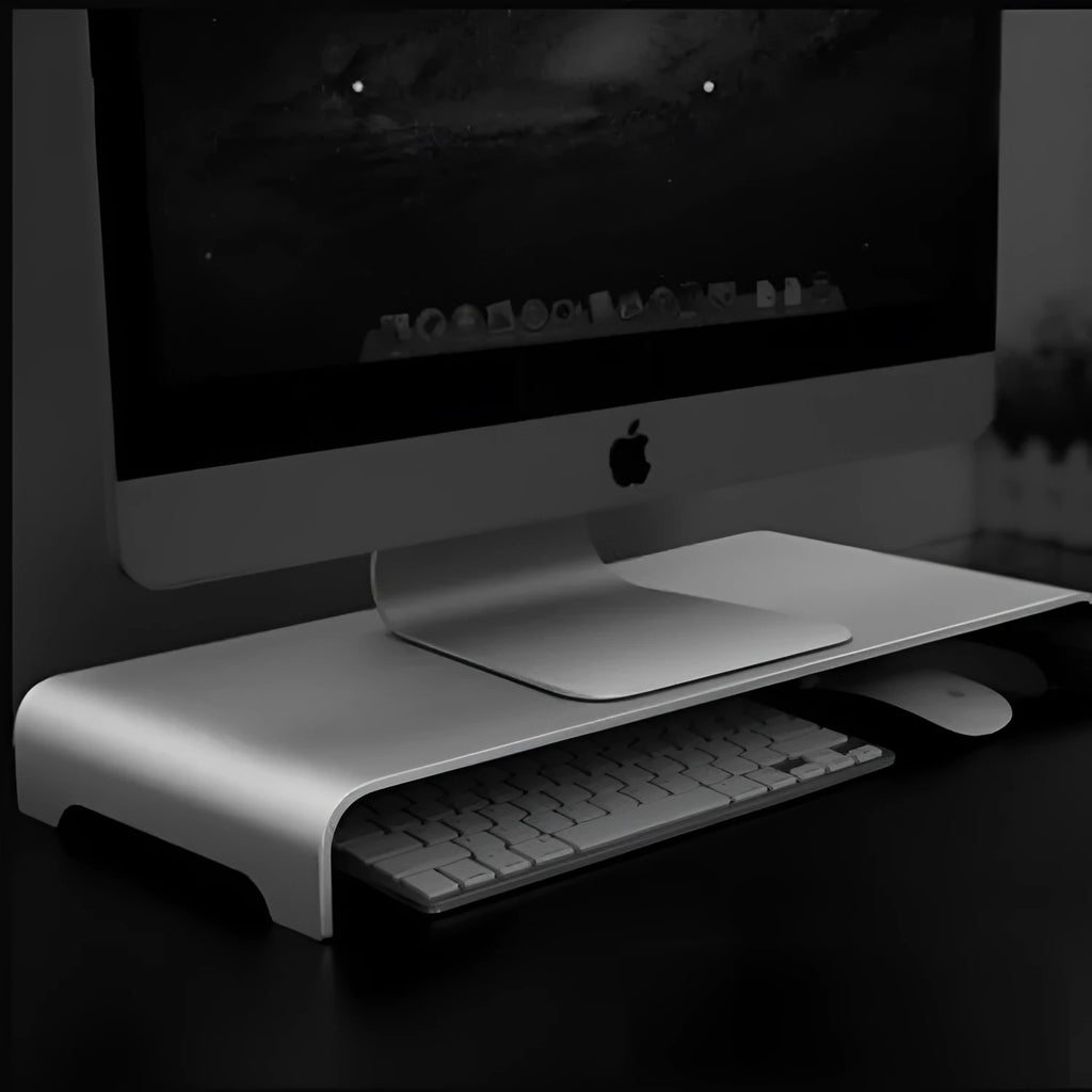 Silver aluminium alloy monitor riser stand with 6cm height, available in 42x22x6cm or 50x22x6cm size