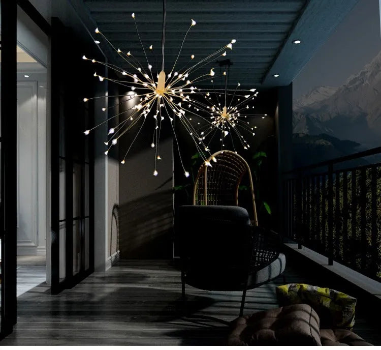 Solar-powered firework style LED meteor shower explosion light with remote control for garden and room decoration.