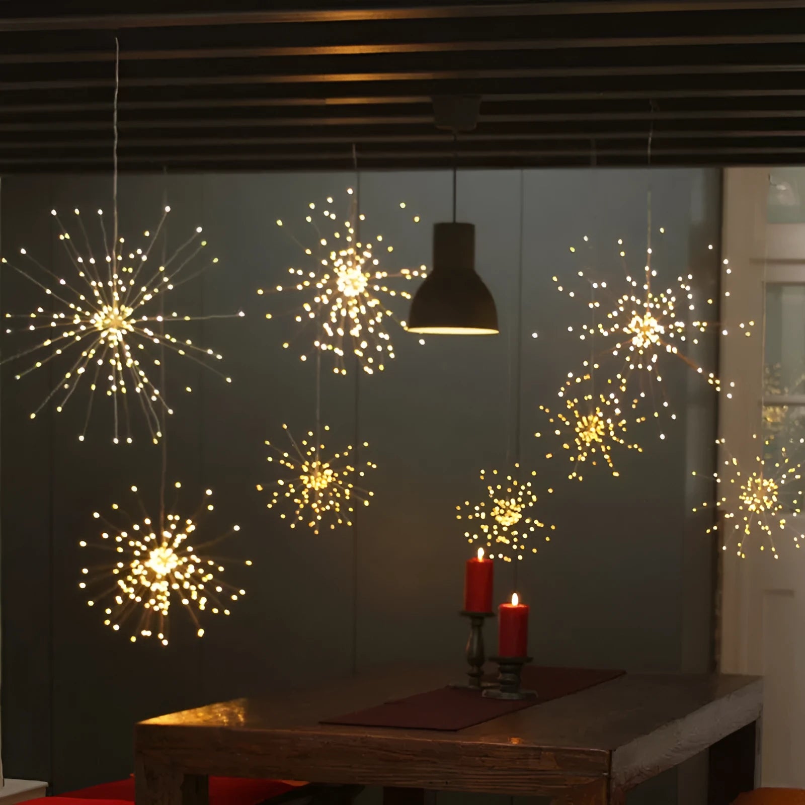 Solar-powered firework style LED meteor shower explosion light with remote control for garden and room decoration.