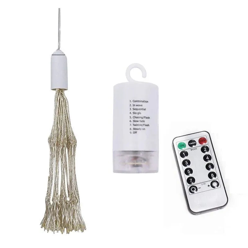 Solar-powered firework style LED meteor shower explosion light with remote control for garden and room decoration.