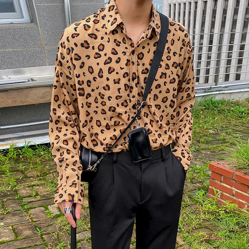 Men's leopard print cotton long sleeve shirt with square collar and loose casual fit