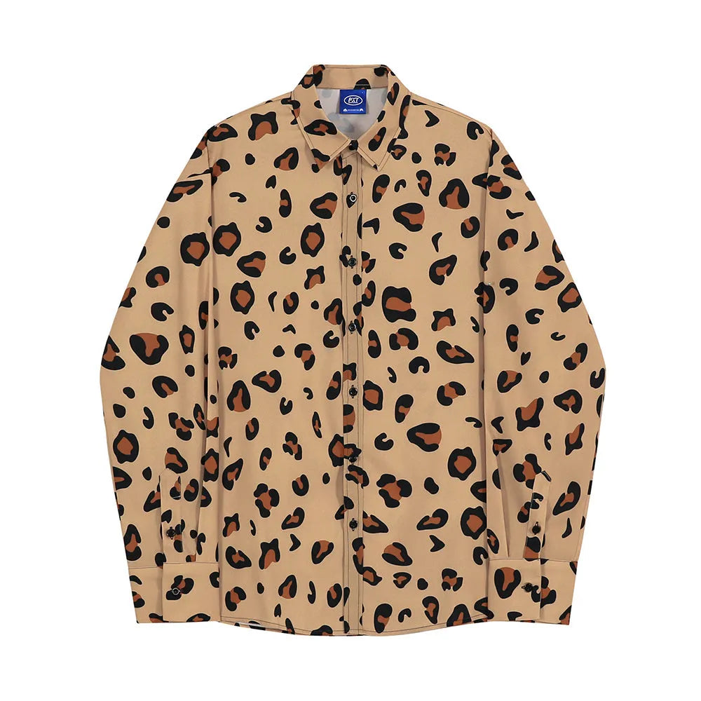 Men's leopard print cotton long sleeve shirt with square collar and loose casual fit