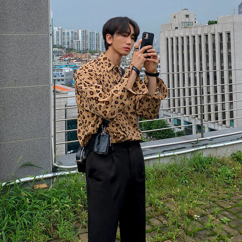 Men's leopard print cotton long sleeve shirt with square collar and loose casual fit