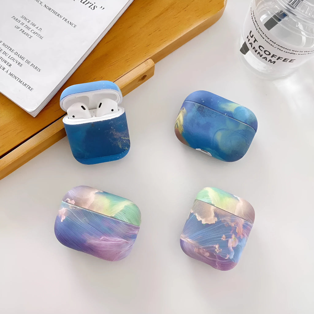 Blue and pink watercolour hard plastic protective case for Apple AirPods Pro, AirPods 1, and AirPods 2.