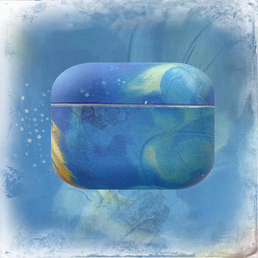 Blue and pink watercolour hard plastic protective case for Apple AirPods Pro, AirPods 1, and AirPods 2.
