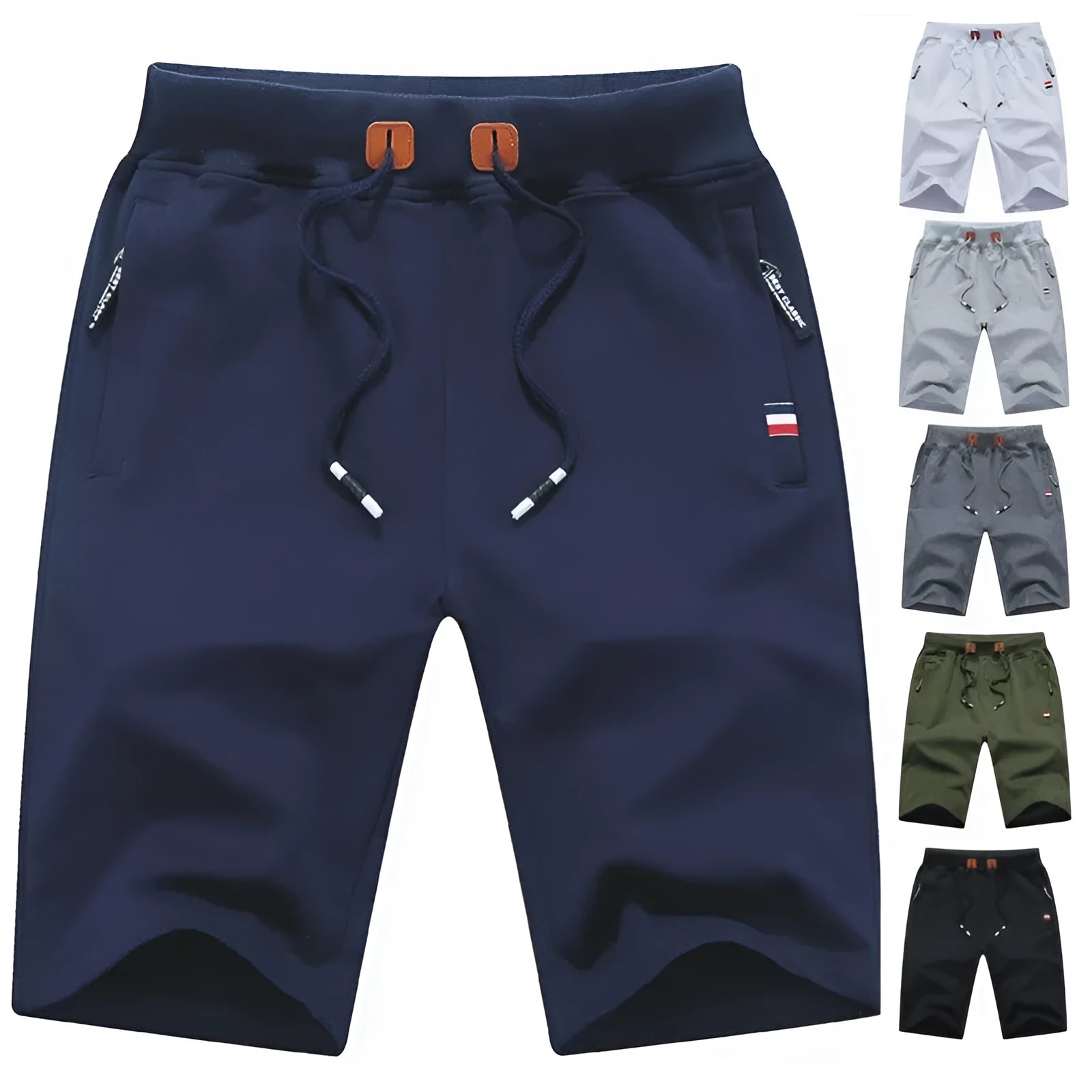 Men's cotton drawstring summer shorts in green with elastic waist and pockets, side view