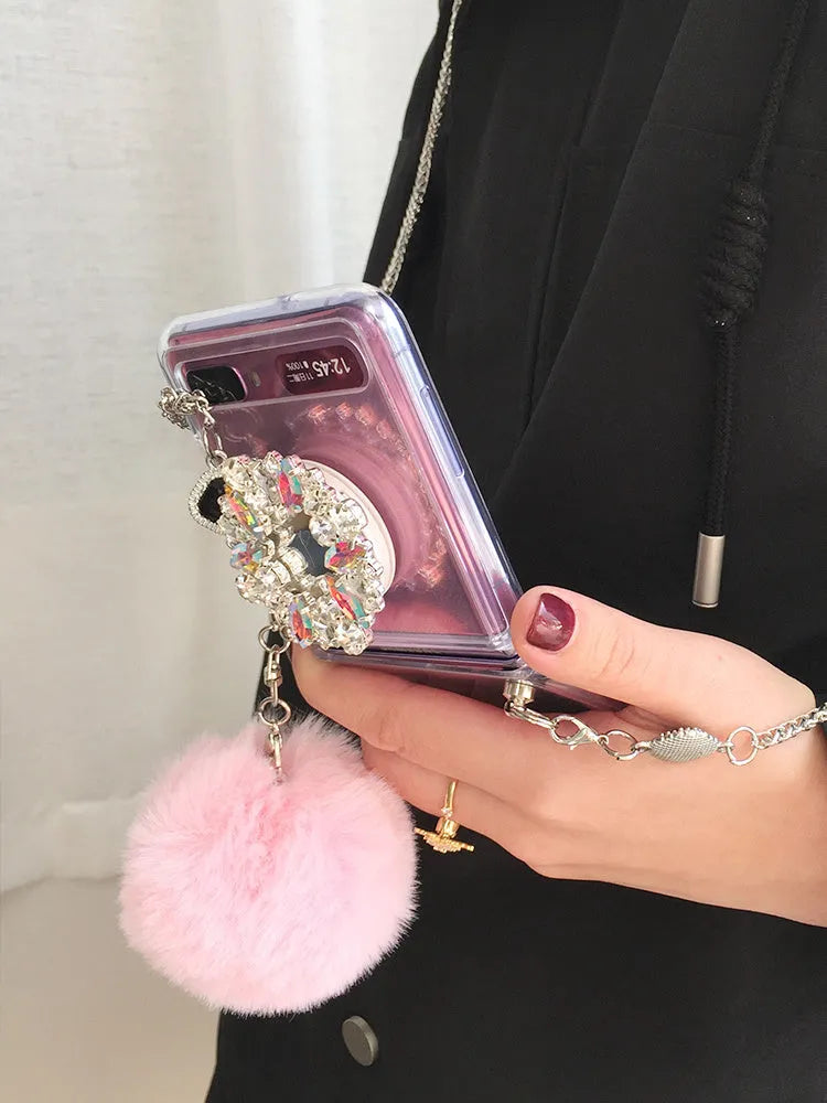 Samsung Galaxy Z Flip phone case with diagonal diamond hair powder hair ball cartoon design