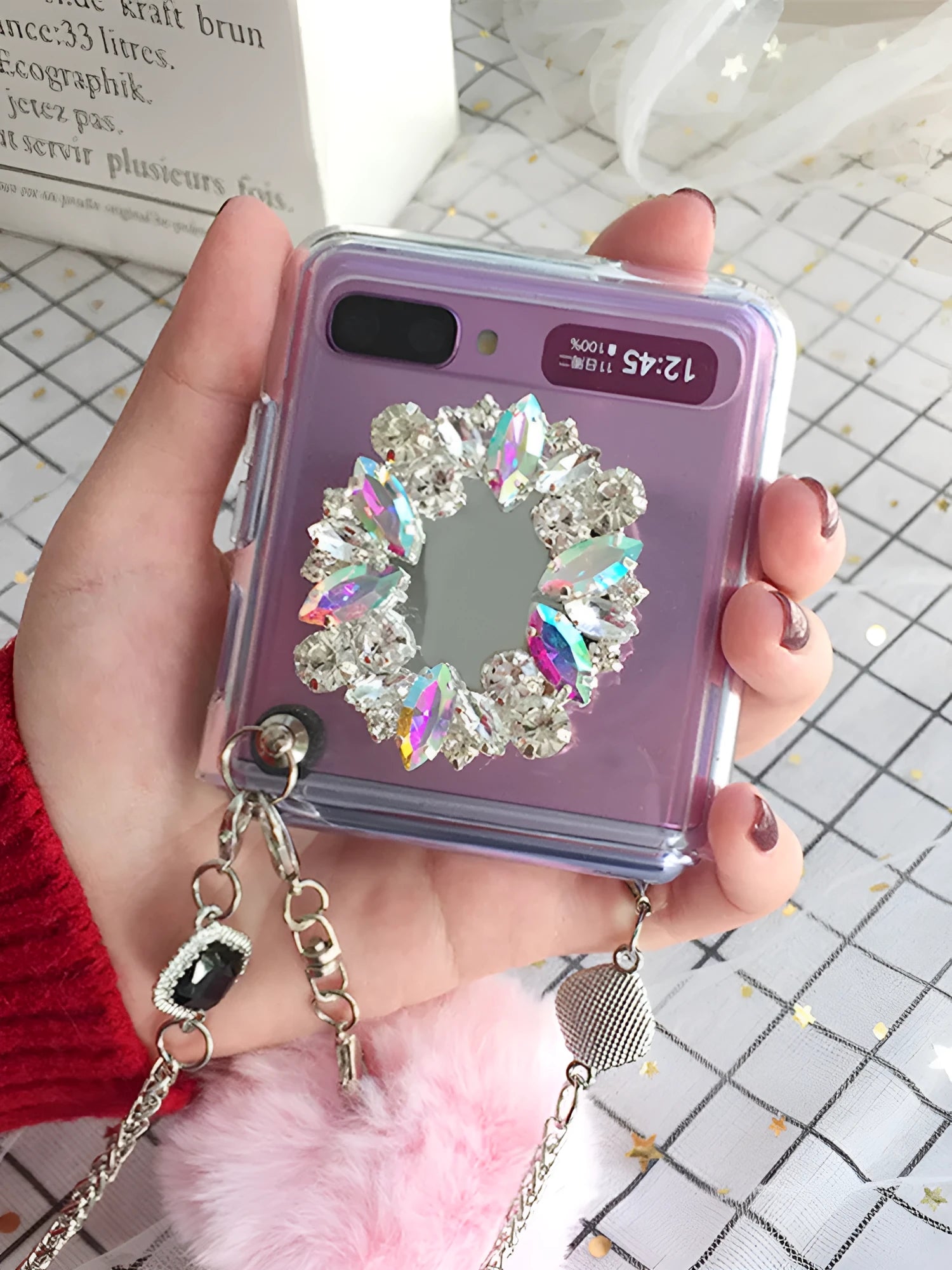 Samsung Galaxy Z Flip phone case with diagonal diamond hair powder hair ball cartoon design