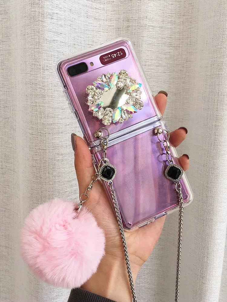 Samsung Galaxy Z Flip phone case with diagonal diamond hair powder hair ball cartoon design