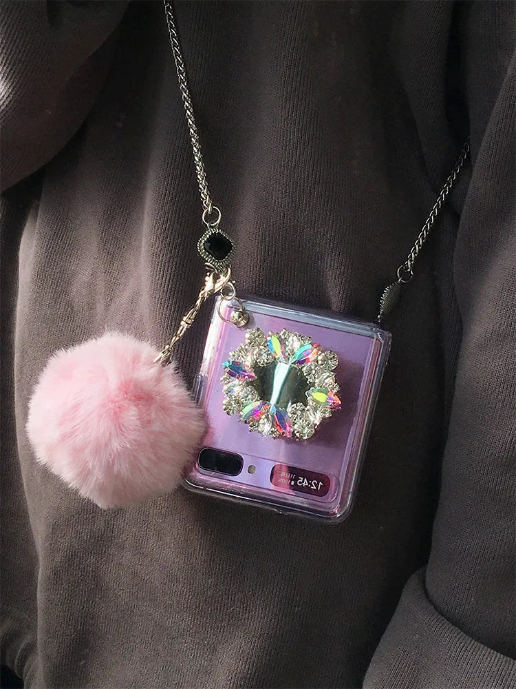 Samsung Galaxy Z Flip phone case with diagonal diamond hair powder hair ball cartoon design