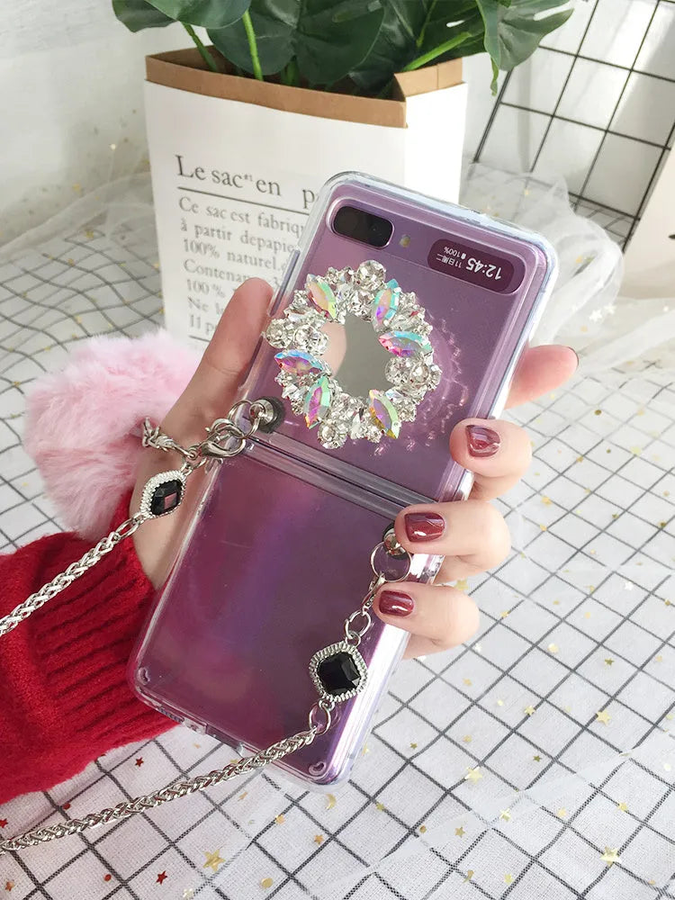 Samsung Galaxy Z Flip phone case with diagonal diamond hair powder hair ball cartoon design