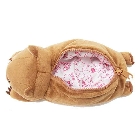 Brown cartoon wombat plush pencil case with zip closure next to black devil dog and khaki platypus designs.