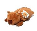 Brown cartoon wombat plush pencil case with zip closure next to black devil dog and khaki platypus designs.