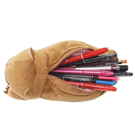 Brown cartoon wombat plush pencil case with zip closure next to black devil dog and khaki platypus designs.