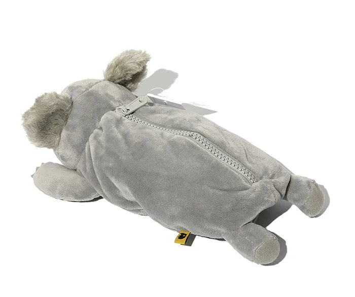 Brown cartoon wombat plush pencil case with zip closure next to black devil dog and khaki platypus designs.